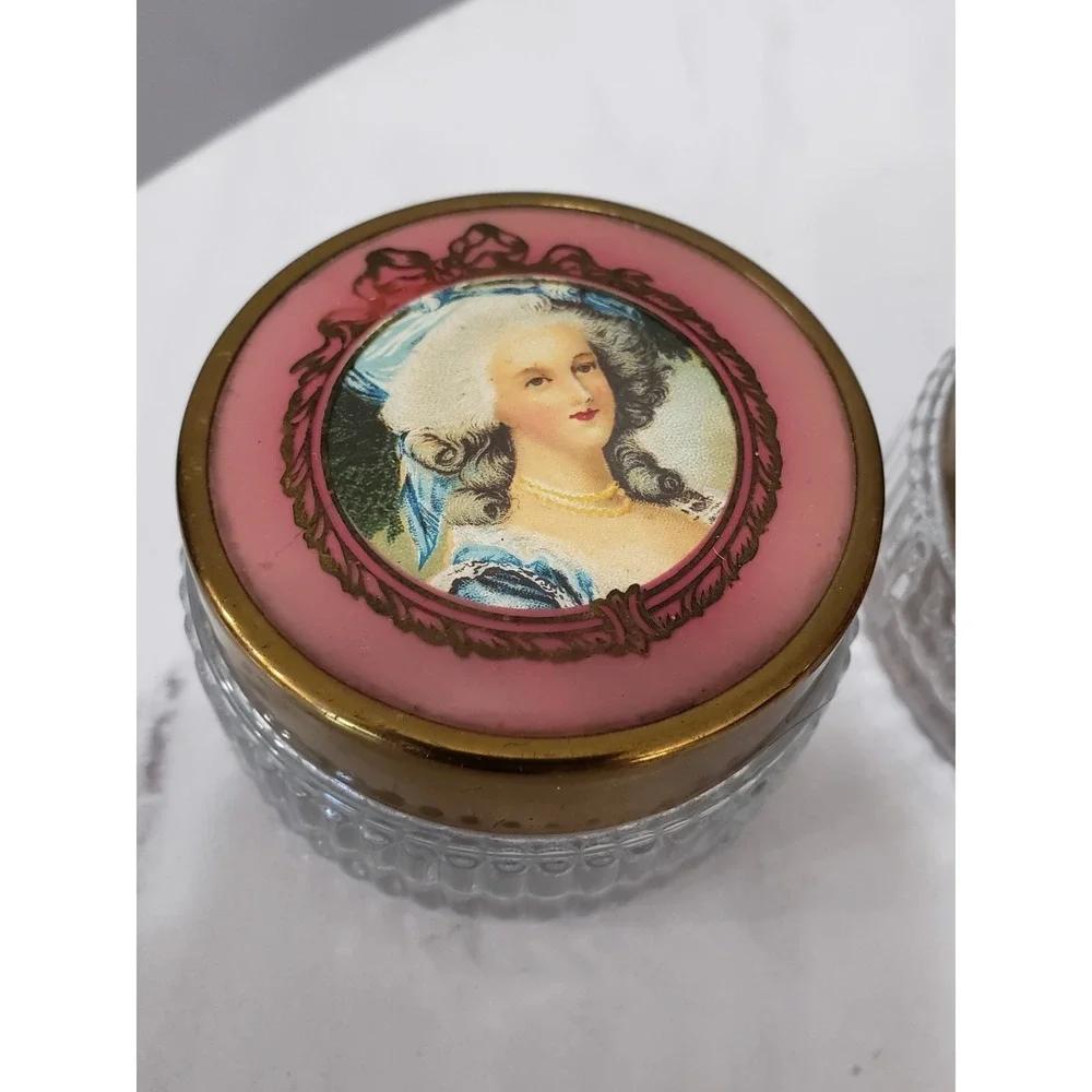 Lot 2 Vintage Vanity Make Up Glass Powder Jar Victorian Painted Lady Metal Lid